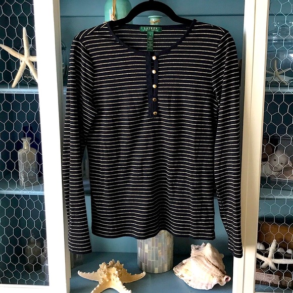 Ralph Lauren Black & Gold Striped Long Sleeve Henley Top, S - Picture 1 of 8